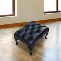 Leather Queen Anne Footstool Buttoned Seat In Antique Blue Colour