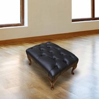 Leather Queen Anne Footstool Buttoned Seat In Premium Black Colour