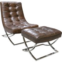 Vintage Handmade Chesterfield Buttoned Lounge Chair With Footstool Brown Real Leather