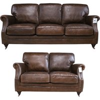 Vintage Luxury 3+2 Seater Settee Sofa Suite Distressed Brown Real Leather