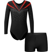 Kids Girls 2pcs Long Sleeve Slim Fit Leotard and Shorts Gymnastics Set