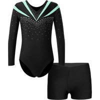 Kids Girls 2pcs Long Sleeve Slim Fit Leotard and Shorts Gymnastics Set