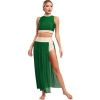 Women 2pcs Sleeveless Crop Top and Side Split Mesh Skirt Lyrical Dance Set