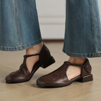CHIKO Chevron Round Toe Block Heels T-Strap Shoes