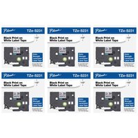 Brother TZeS231 Original P-Touch Label Tape - 1/2 x 26.2 ft (12mm x 8 m) Black on White - Pack of 6 (6 Pack)