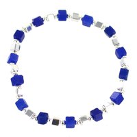 Blue Square Bead And Silver Tone Bead Elasticated Bracelet