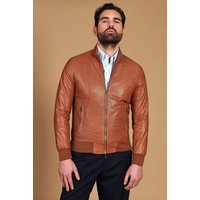 Tan bomber jacket in perforated leather with matching elastic band