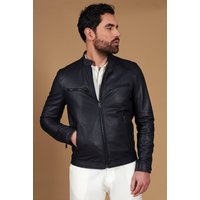Blouson cuir bleu foncé veste moto cuir plongé effet lisse