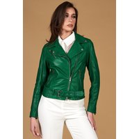 Green belted natural lamb leather biker jacket
