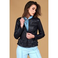 Veste cuir bleu avec rouches col rond cuir plongé