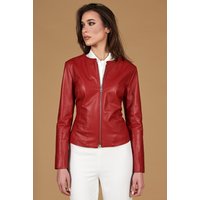 Veste cuir roux col rond agneau plongé
