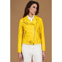 Yellow belted nappa lamb leather biker jacket