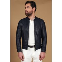 Blouson cuir plongé perforé bleu effet lisse