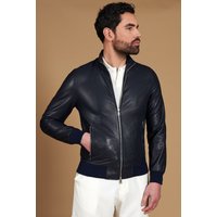 Blue bomber jacket in perforated leather with matching elastic band