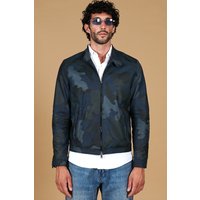 Blouson cuir plongé bleu camouflage aspect lisse col mao