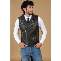 Gilet cuir noir motard cuir plongé effet vintage