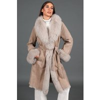 Manteau en mouton suedé beige avec bordure en fourrure de renard