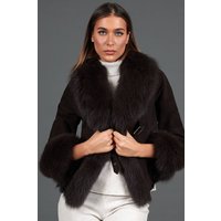 Dark brown lamb shearling jacket with fox fur trim