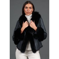 Black nappa lapin fur jacket with fox fur collar