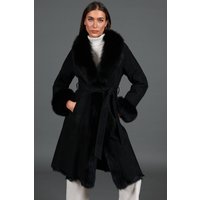 Manteau en mouton suedé noir avec bordure en fourrure de renard