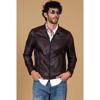 Military bordeaux nappa lamb leather biker jacket korean collar