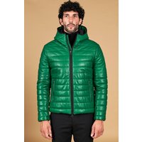 Green hooded nappa lamb leather puffer jacket