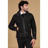 Blouson mouton daim noir veste moto col chemise à boucle