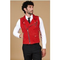 Red lamb leather sleeveless biker jacket