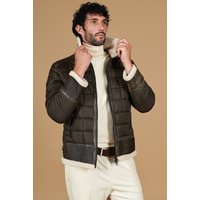 Green quilted fabric down jacket and brown shearling profiles