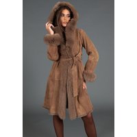 Manteau en mouton suédé taupe à capuce bordure en fourrure de renard