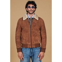 Tan suede shearling bomber jacket shirt collar