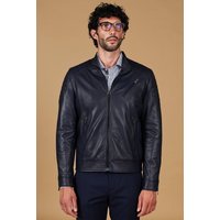 Blouson cuir bleu veste moto matelassé agneau plongé