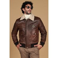 Blouson cuir plongé marron bomber col mouton à contraste