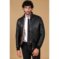 Bomber matelassé cuir noir homme col mao zippée
