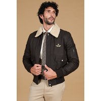 Dark brown wrinkled leather bomber jacket shearling collar