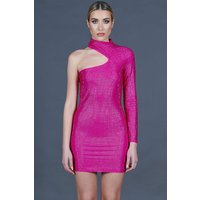 Robe fourreau fuchsia à une épaule avec de vrais cristaux