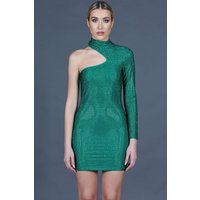 Robe fourreau vert à une épaule avec de vrais cristaux