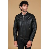 Veste en cuir noir avec col mao et manches zippées