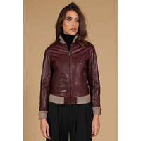 Veste cuir naturel bordeaux bomber col laine mérino