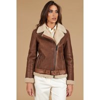 Blouson mouton vintage cognac motard avec ceinture et éclair croisé