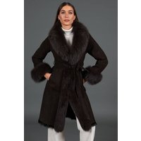 Manteau en mouton suedé marron foncé avec bordure en fourrure de renard