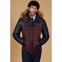 Doudoune cuir bleu et tissu bordeaux avec capuche cuir plongé