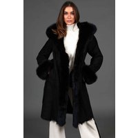 Manteau en mouton suedé noir à capuche avec bordure en fourrure de renard