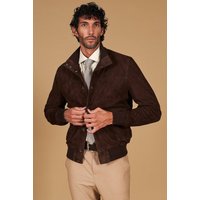 Dark brown suede lamb leather bomber jacket with buttons