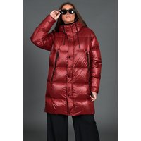 Veste longue en duvet véritable bordeaux pouvant être pliée en sac à dos