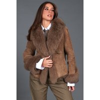 Taupe lamb shearling jacket with fox fur trim