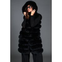 5 en 1 Veste fourrure renard femme avec capuche • couleur noir