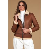 Tan shearling lamb biker jacket buckles and central zipper