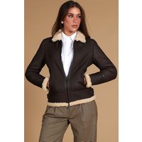 Dark brown shearling lamb biker jacket shirt collar with buckle