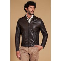 Dark brown leather biker jacket vintage effect korean collar